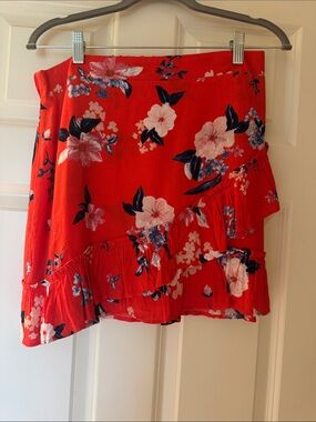 Red Floral Ruffle Mini Skirt